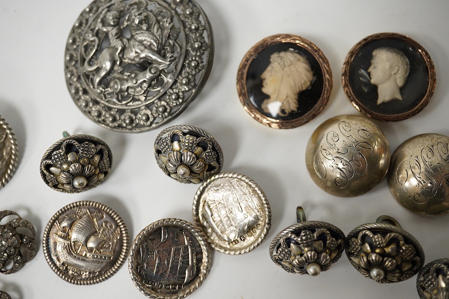 A group of 17 assorted antique buttons, largest 52mm;, Condition - variable, fair-good